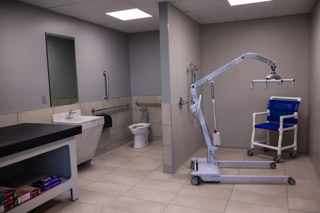 Accessible restrooms and changing areas for clients.